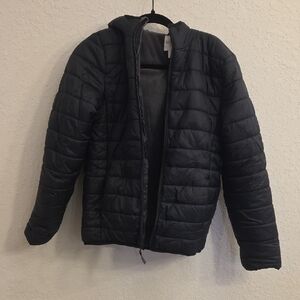 Black Quilted Jacket With Warm Fleece Lining And Hood